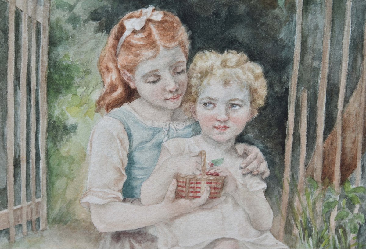 M. SAILLARD  "Le panier de cerises" 1892 aquarelle 29x17,5-photo-2